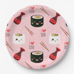 Kawaii Sushi Pattern Light Pink    Paper Plate