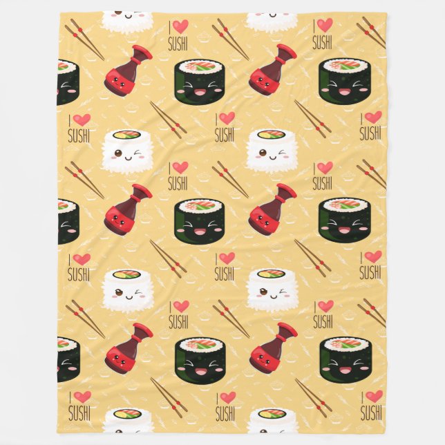 Kawaii Sushi Pattern Light Yellow     Fleece Blanket (Front)