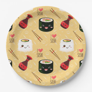 Kawaii Sushi Pattern Light Yellow  Paper Plate