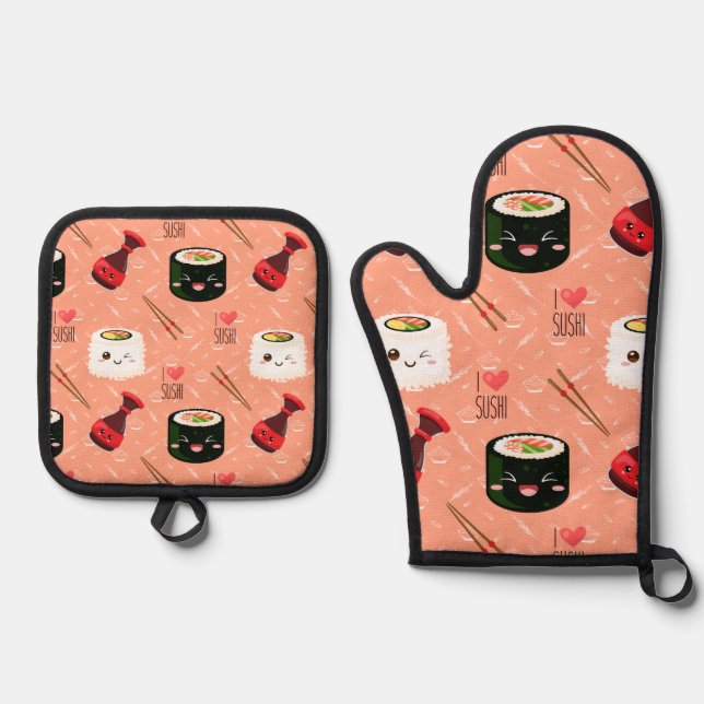 Kawaii Sushi Pattern Oven Mitt & Pot Holder Set (Front)