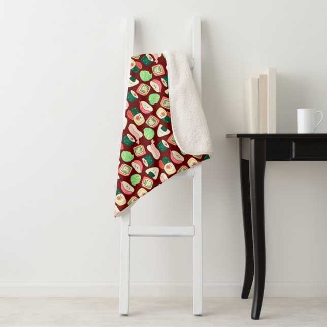 kawaii sushi rolls, sushi pattern sherpa blanket (In Situ)
