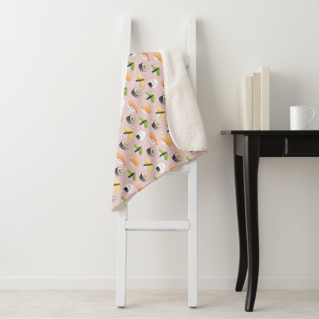 kawaii sushi rolls, sushi pattern sherpa blanket (In Situ)