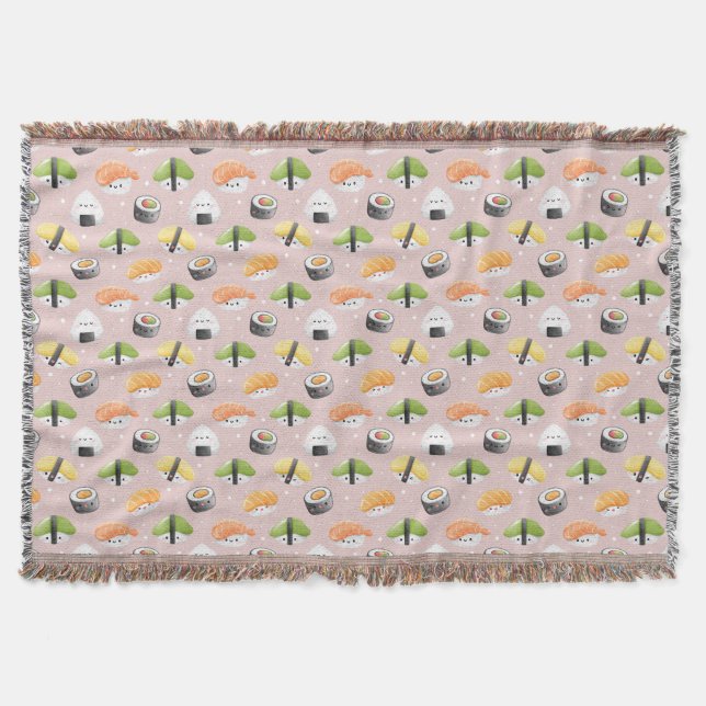 kawaii sushi rolls, sushi pattern throw blanket (Front)