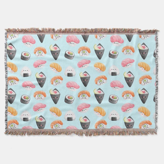 kawaii sushi rolls, sushi pattern throw blanket (Front)