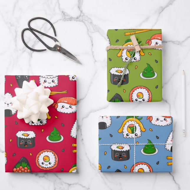 Kawaii Sushi Wrapping Paper Set of 3 (Front)