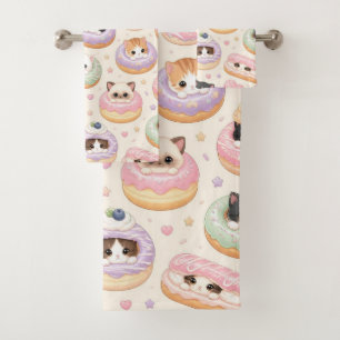 Kawaii Sweet Doughnut Kittens Pastry Pattern Bath Towel Set