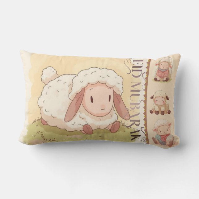 Kawaii Sweet Sheep "Eid Mubarak" Throw Pillow (Back)