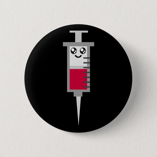KAWAII SYRINGE SHOT MEDICAL HAPPY FACE 2 INCH ROUND BUTTON (Front)
