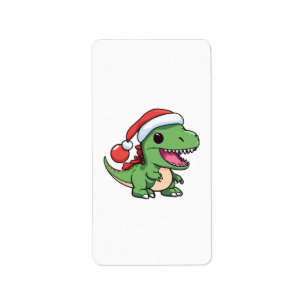 Kawaii T-Rex Dinosaur in Christmas Hat Label