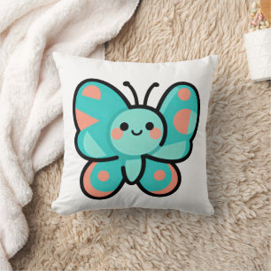 Kawaii Teal Butterfly Happy Face Cartoon Art Throw Pillow