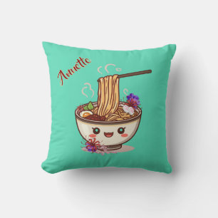 Kawaii Teal Cute Ramen Bowl with Japanese Flowers  Throw Pillow