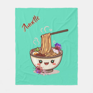 Kawaii Teal Ramen Food Bowl with Japanese Flowers  Fleece Blanket