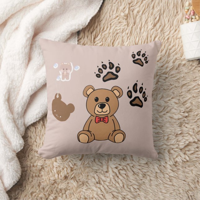 Kawaii Teddy Bear Illustration Throw Pillow (Blanket)
