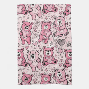 Kawaii Teddy Bear Pink Pattern Kitchen Towel