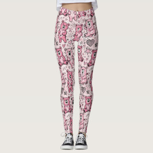 Kawaii Teddy Bear Pink Pattern Leggings