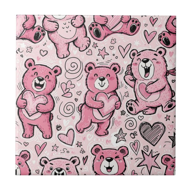 Kawaii Teddy Bear Pink Pattern Tile (Front)