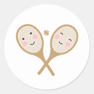 Kawaii Tennis Rackets Happy Face Cute Brown  Classic Round Sticker