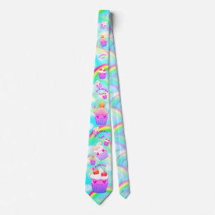 Kawaii Tie with pastel rainbows and cupcakes