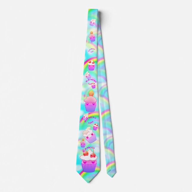 Kawaii Tie with pastel rainbows and cupcakes (Front)
