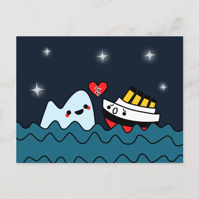 Kawaii Titanic Ship Iceberg Heartbroken Postcard (Front)
