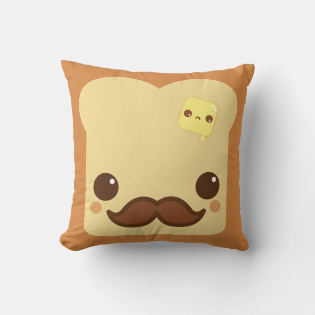 Kawaii toast with moustache and cute butter throw pillow (Front)