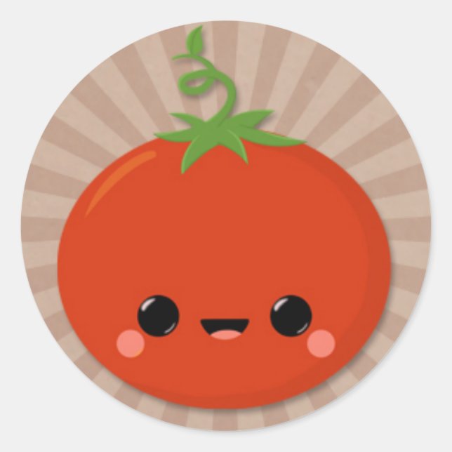 Kawaii Tomato on Brown Starburst Classic Round Sticker (Front)