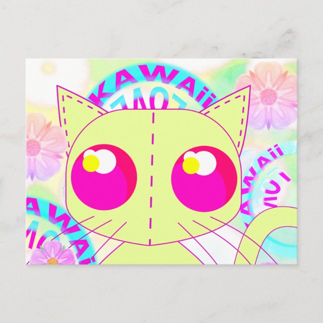 Kawaii toy cat yellow anime illustration postcard (Front)
