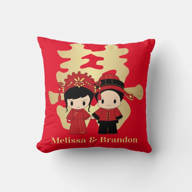 Kawaii Traditional Chinese  Wedding Couple Throw Pillow (Front)