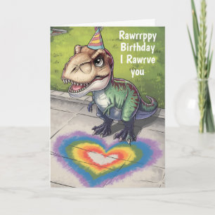 Kawaii trex rainbow hear on sidewalk card