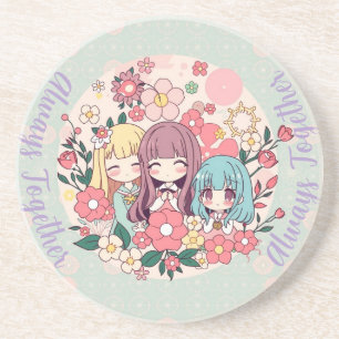 Kawaii Trio – Cute Anime Girls & Floral Vibes Coaster