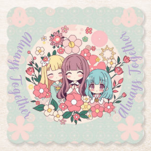 Kawaii Trio – Cute Anime Girls & Floral Vibes Paper Coaster