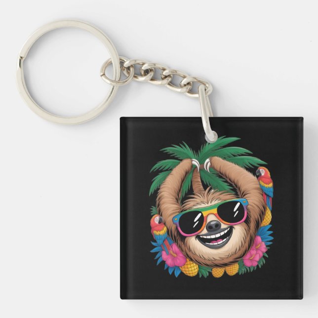 Kawaii Tropical Sloth – Cute Summer Vibes Rainbow  Keychain (Front)