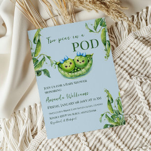Kawaii Two Peas in Pod Blue Boy Twins Baby Shower Invitation