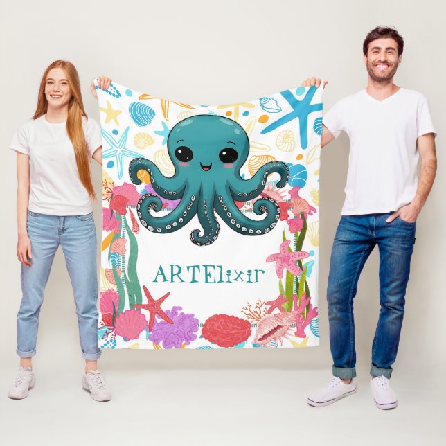 Kawaii Under the Sea Octopus  Fleece Blanket (In Situ)