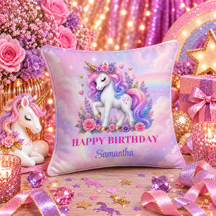 Kawaii Unicorn Birthday Girl Pink Rainbow Pillow