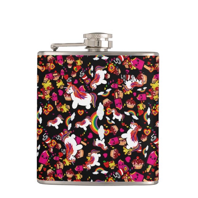Kawaii Unicorn Cupcake Doodles Personalized Hip Flask (Front)