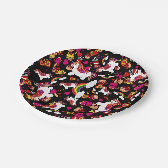 Kawaii Unicorn Cupcake Doodles Personalized Paper Plate (Angled)