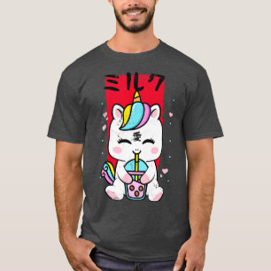 Kawaii Unicorn Drinking Strawberry Milk Bubble Tea T-Shirt
