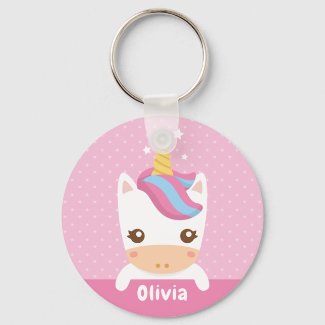 Kawaii Unicorn Girls Pink Personalized Keychain (Front)