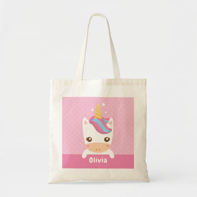 Kawaii Unicorn Pink Kids Personalized Tote (Front)