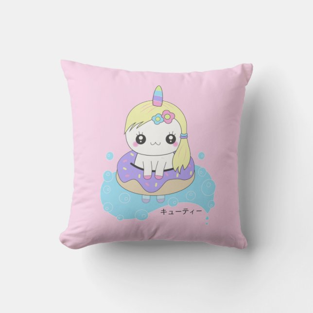 Kawaii Unicorn Throw Pillow (Front)