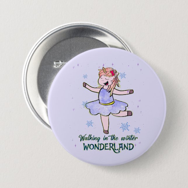 Kawaii Unicorn | Walking during Winter 3 Inch Round Button (Front & Back)