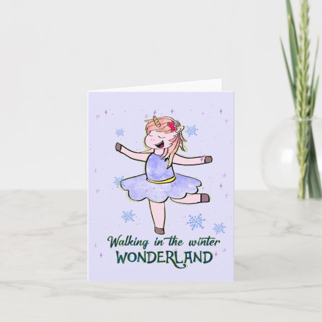 Kawaii Unicorn | Walking during Winter Note Card (Front)