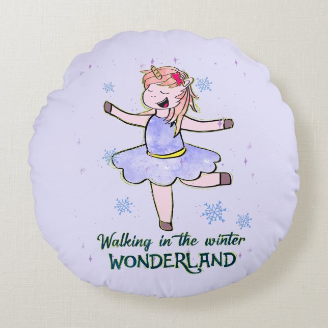 Kawaii Unicorn | Walking during Winter Round Pillow (Front)