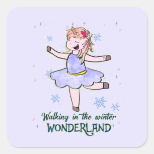 Kawaii Unicorn Walking during Winter Square Sticker
