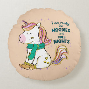 Kawaii Unicorn Winter and Hoodies Round Pillow