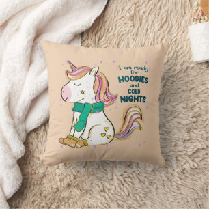 Kawaii Unicorn Winter and Hoodies Throw Pillow