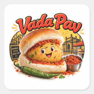 Kawaii Vada Pav Sticker, Mumbai Street Food Retro  Square Sticker
