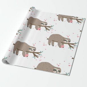 kawaii valentines day sloth hearts wrapping paper