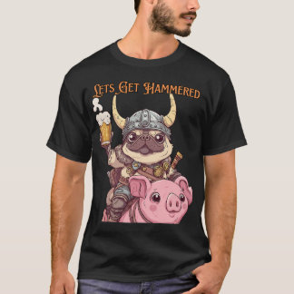 Kawaii Viking Pug Riding Pig with Beer Adorable Vi T-Shirt